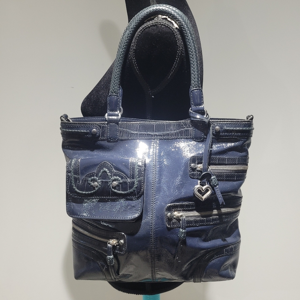 Brighton Women's Kaelan Navy Blue Patent Leather Medium Tote Shoulder Bag Silver